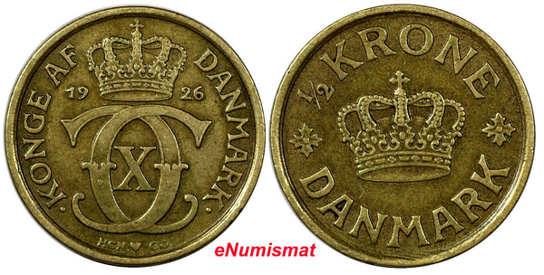 Denmark Christian X 1926 HCN; GJ 1/2 Krone KEY DATE Mintage-716,00  KM# 831.1