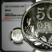 SWEDEN Gustaf V Silver 1927 W 50 Ore NGC MS65 ONE GRADED HIGHEST SCARCE KM788/6