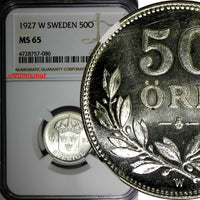 SWEDEN Gustaf V Silver 1927 W 50 Ore NGC MS65 TOP GRADED BY NGC SCARCE KM# 788