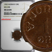 Norway Haakon VII Bronze 1952 1 Ore NGC MS64 BN TOP GRADED BY NGC KM# 398