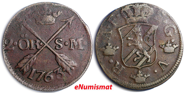 Sweden Adolf Frederick Copper 1763 2 Ore, S.M. Low Mintage-401,000  KM461 (560)