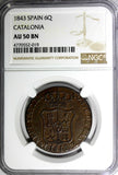 Spain CATALONIA Isabel II (1833-1868) Copper 1843 6 Quartos NGC AU50 BN KM# 128