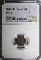 RUSSIA Peter I the Great Silver 1704 BК Altyn NGC VF30 RARE D-159(R3) KM#119(8)