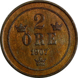 Sweden Oscar II Bronze 1907 2 Öre aUNC KM# 769 (18 447)