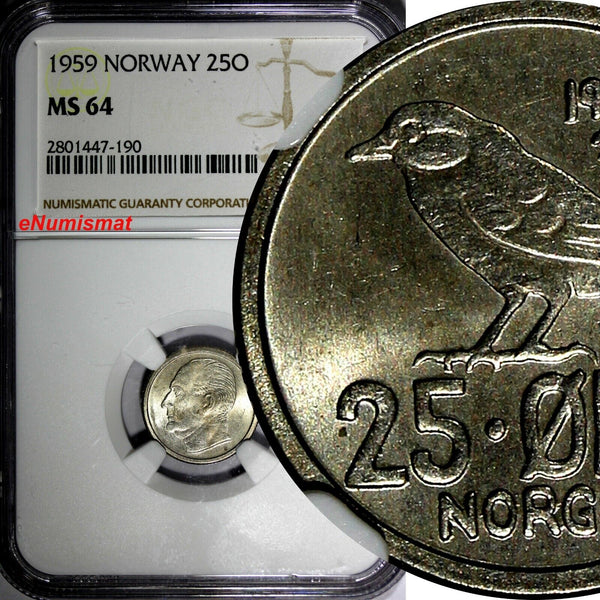 Norway Olav V Copper-Nickel 1959 25 Ore NGC MS64 BETTER DATE KM# 407 (010)