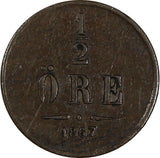 SWEDEN Carl XV Bronze 1867 1/2 Ore  SMALL DATE SCARCE 1 Year Type KM# 715 (481)