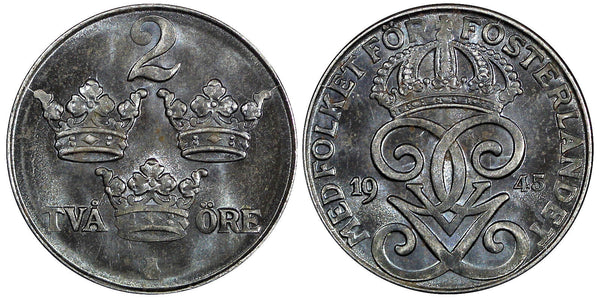 Sweden Gustaf V Iron 1945 2 Öre WWII Issue Choice Unc KM# 811 (21 860)