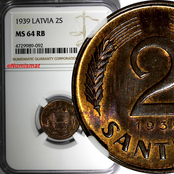 LATVIA Bronze 1939 2 Santimi NGC MS64 RB 1 YEAR TYPE Mint Luster KM# 11.2 (92)