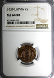 LATVIA Bronze 1939 2 Santimi NGC MS64 RB 1 YEAR TYPE Mint Luster KM# 11.2 (92)