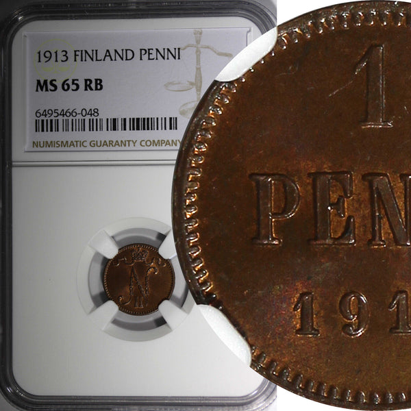 FINLAND Nicholas II Copper 1913 1 Penni NGC MS65 RB  KM# 13 (48)