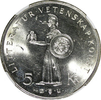 SWEDEN Silver 1962 U 5 Kronor NGC MS64 80th Birthday of Gustaf VI KM# 838 (017)