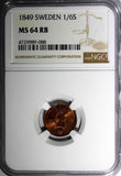 SWEDEN Oscar I Copper 1849 1/6 Skilling Mintage-536,544 NGC MS64 RB KM# 656 (88)