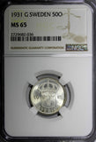 SWEDEN Gustaf V Silver 1931-G 50 Ore NGC MS65 TOP GRADED BY NGC GEM BU  KM# 788