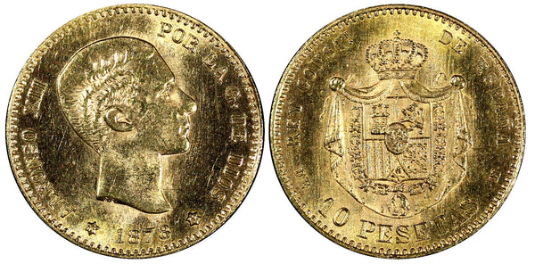 Spain Alfonso XII Gold 1878 (19-62) 10 Pesetas  Mintage-18,000 aUNC KM# 677(771)