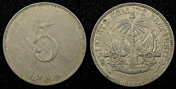 HAITI Copper-Nickel 1904 5 Centimes Light Toned 1 Year Type KM# 52 (22 944)