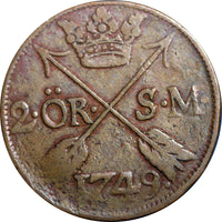 SWEDEN COPPER  Frederick I 1749 2 Ore, S.M. Struck at Avesta Mint KM# 437(2335)