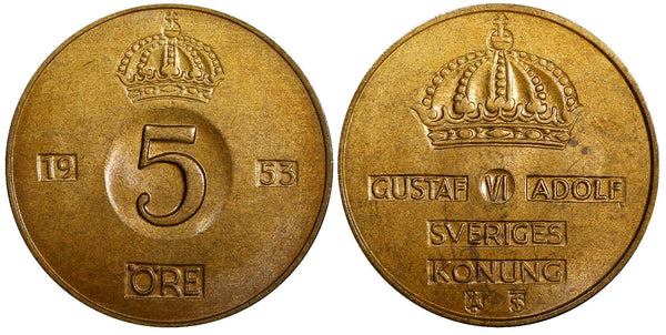 Sweden Gustaf VI Bronze 1953 5 Öre GEM BU KM# 822 (938)