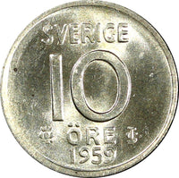 Sweden Gustaf VI SILVER 1959 10 Öre BU KM# 823 (22 100)