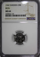 SWEDEN Gustaf V Iron 1942 1 Ore NGC MS64  World War II issues 1st YEAR KM#810(9)