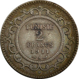 Tunisia Muhammad V Silver 1329 (1911) A 2 Francs Toned KM# 239 (18 986)