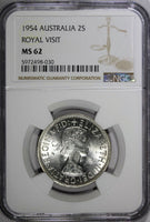 Australia Silver 1954 Florin NGC MS62 Royal Visit of Elizabeth II KM# 55 (030)