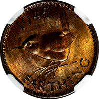 Great Britain George VI Bronze 1945 Farthing NGC MS65 RB RED TONING KM# 843