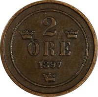 SWEDEN Oscar II Bronze 1897 EB 2 Ore Large Letters KM# 746 (18 560)