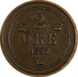 SWEDEN Oscar II Bronze 1897 EB 2 Ore Large Letters KM# 746 (18 560)