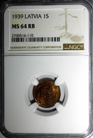 LATVIA Bronze 1939 1 Santims NGC MS64 RB Nice Red Toning BU KM# 10