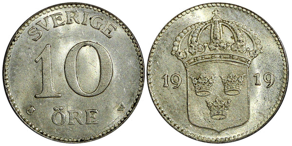 SWEDEN Gustaf V Silver 1919 W 10 Öre UNC TONED KM# 780 (21 908)