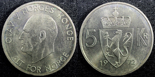 NORWAY Olav V Copper-Nickel 1972 5 Kroner KM# 412 (22 990)