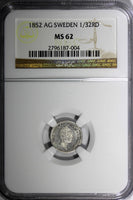 Sweden Oscar Silver 1852 AG 1/32 Riksdaler NGC MS62 Mint Luster KM# 681 (004)