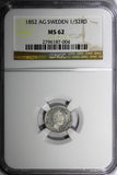 Sweden Oscar Silver 1852 AG 1/32 Riksdaler NGC MS62 Mint Luster KM# 681 (004)