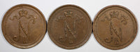 Finland Nicholas II Copper LOT OF 3 COINS 1915,1916 10 Penniä  KM# 14 (20 895)