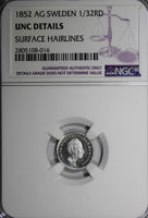 Sweden Oscar I Silver 1852 AG 1/32 Riksdaler NGC UNC DETAILS SCARCE KM# 681