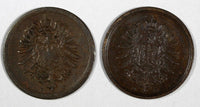 Germany - Empire Wilhelm I Copper LOT OF 2 COINS 1876 D 1 Pfennig  KM# 1 (57)