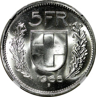 Switzerland Silver 1966 B 5 Francs NGC MS65 GEM BU KM# 40 (011)