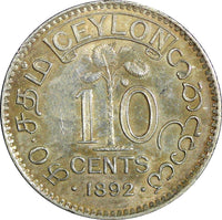 CEYLON Victoria Silver 1892 10 Cents UNC Nice Toned KM# 94 (23 828)