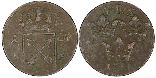 Sweden Frederick I Copper 1724 1 Öre 23.1mm KM# 383.1 (21 364)