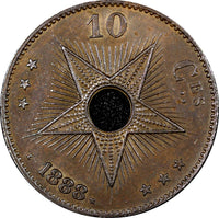 Belgian Congo Free State Leopold II Copper 1888 10 Centimes UNC KM#4 (20 043)