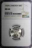 SWEDEN Gustaf V Silver 1928 G 50 Ore NGC MS64 GEM BU COIN KM# 788 (43)