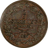 Sweden Carl XIV Johan Copper 1837 2/3 Skilling 24.4mm XF Cond. KM# 641 (18 118)