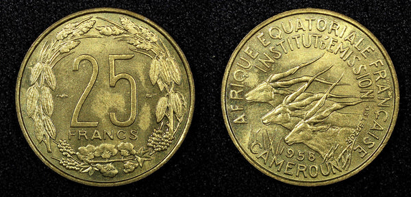 Cameroon Aluminum-Bronze 1958 25 Francs Paris Mint UNC KM# 12 (22 637)