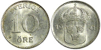 Sweden Gustaf V (1907-1950) Silver 1941 G 10 Öre  GEM BU KM# 780 (079)