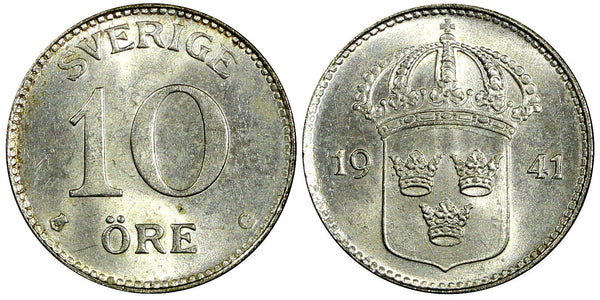 Sweden Gustaf V (1907-1950) Silver 1941 G 10 Öre  GEM BU KM# 780 (079)