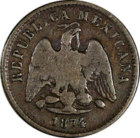 MEXICO 1874/3 ZS H 10 Centavos OVERDATE Zacatecas Mint-10,000 VERY RARE KM403.10