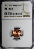 FINLAND RUSSIA Nicholas II Copper 1912 1 Penni NGC MS63 RD FULL RED KM# 13 (79)