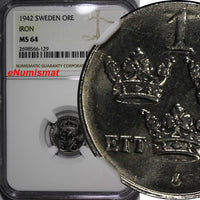 SWEDEN Gustaf V Iron 1942 1 Ore NGC MS64  World War II issues 1st YEAR KM#810(9)