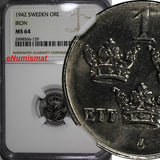 SWEDEN Gustaf V Iron 1942 1 Ore NGC MS64  World War II issues 1st YEAR KM#810(9)