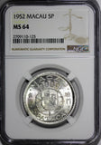 Macau Silver 1952 5 Patacas NGC MS64 1 YEAR TYPE Mintage- 900,000 KM# 5